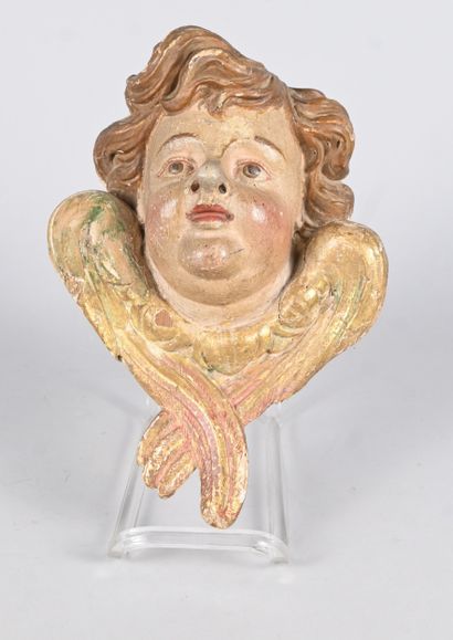 Italian Baroque angel head in carved and...