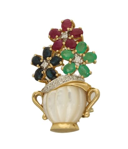 Multi-stone flower basket brooch, mid-20th...