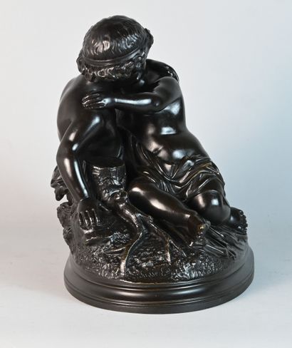 Group in patinated bronze of two embracing...