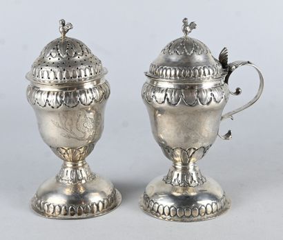 Pair of solid silver spice pourers, Liège,...