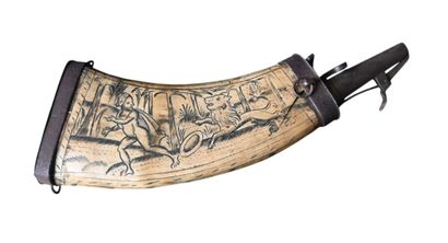 Engraved stag horn powder horn, lion hunting...
