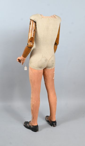 Wood and canvas articulated workshop mannequin,...