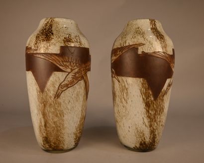 Pair of acid-etched glass Legras vases -...