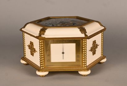 Hexagonal gilt bronze and ivory box with...