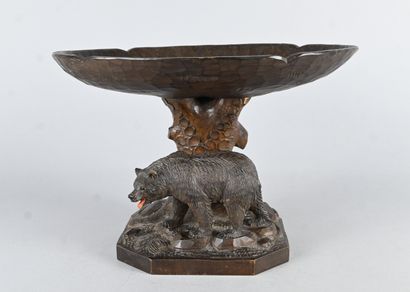 Carved wooden Black Forest bowl with bear,...