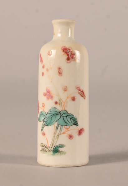 Porcelain snuff bottle with polychrome floral...