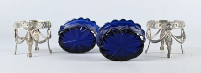 Pair of solid silver and cobalt-blue glass...