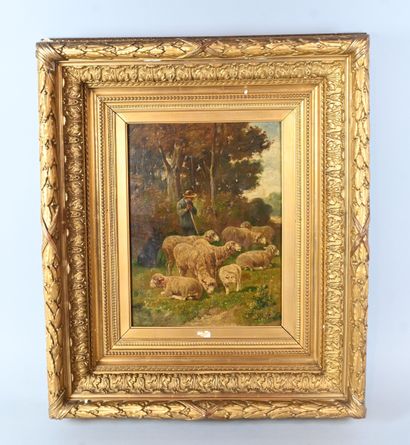 Genre painting with shepherd and sheep, oil...