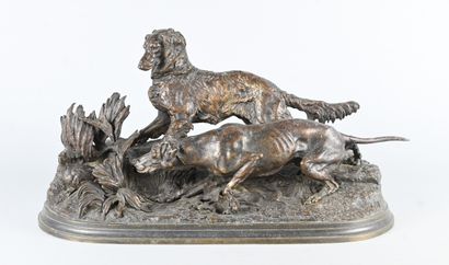 Bronze group of two pheasant hunting dogs,...