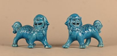 Pair of Chinese guardian lions in turquoise...