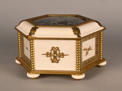 Hexagonal gilt bronze and ivory box with...