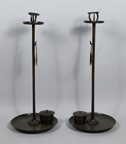 Pair of Japanese bronze candelabra, Meiji...