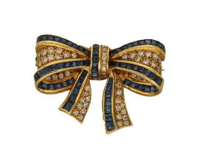 Sapphire and diamond bow brooch, mid-20th...
