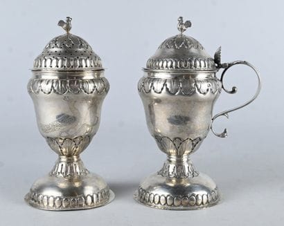 Pair of solid silver spice pourers, Liège,...