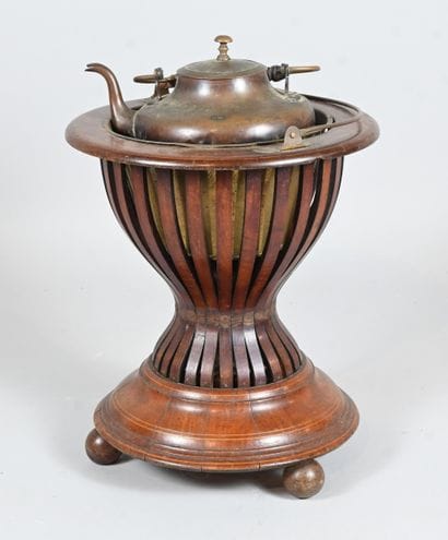 Wooden tea warmer or kettle stand with copper...