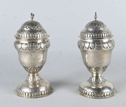 Pair of solid silver spice pourers, Liège,...