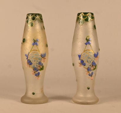 Pair of Art Nouveau enameled glass vases...