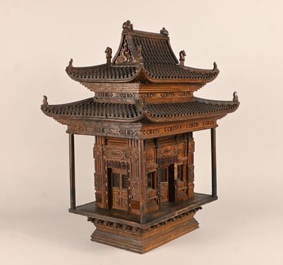 Chinese architectural model in carved wood,...