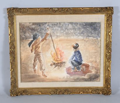 Scène de figures près d'un feu - watercolor...