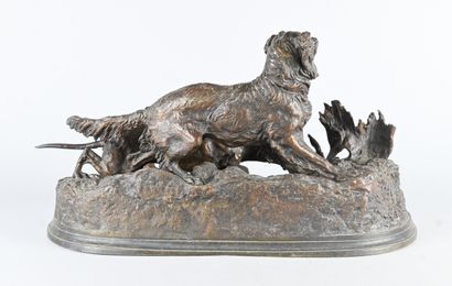 Bronze group of two pheasant hunting dogs,...