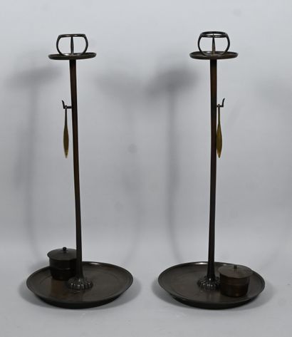 Pair of Japanese bronze candelabra, Meiji...