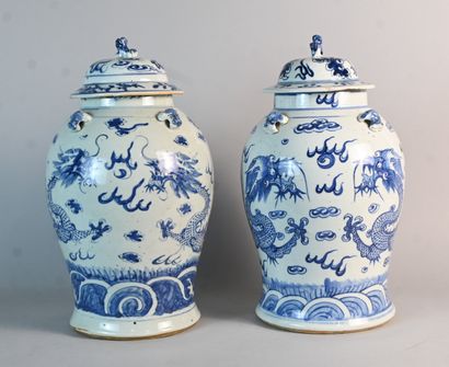 Pair of blue and white porcelain covered...
