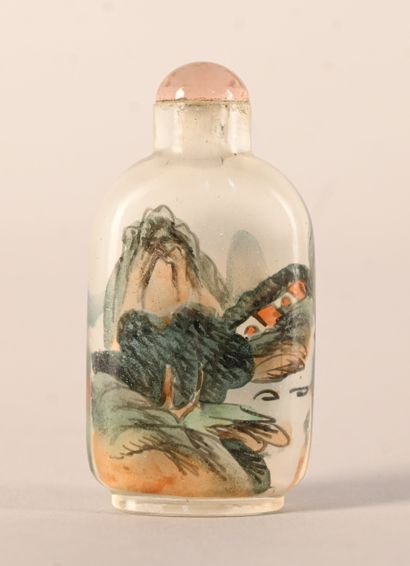 Snuff bottle in glass painted on the inside...