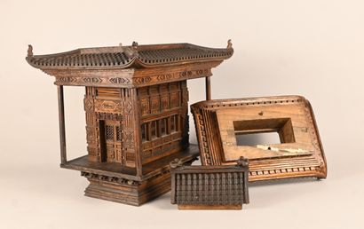 Chinese architectural model in carved wood,...