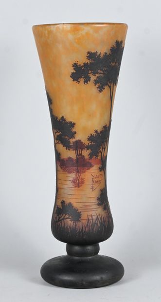 Daum Nancy vase with lake landscape and tree...