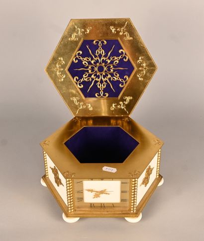 Hexagonal gilt bronze and ivory box with...
