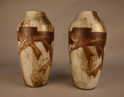 Pair of acid-etched glass Legras vases -...
