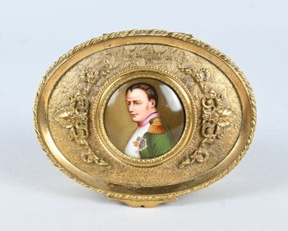 Oval gilt bronze box with miniature of Napoleon,...