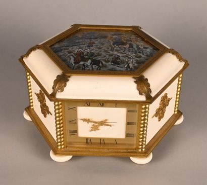 Hexagonal gilt bronze and ivory box with...