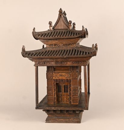 Chinese architectural model in carved wood,...
