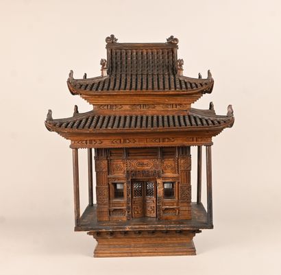 Chinese architectural model in carved wood,...