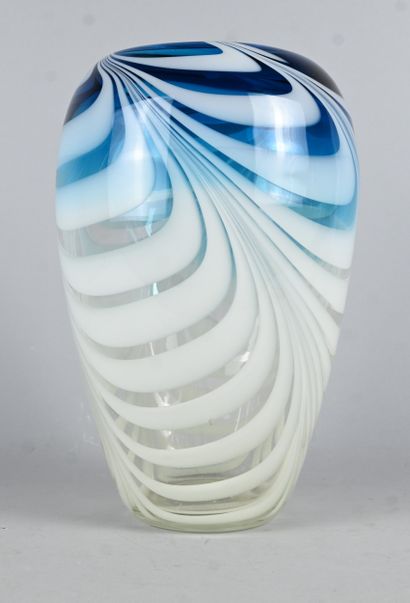Blue and white Murano glass vase with mezza...