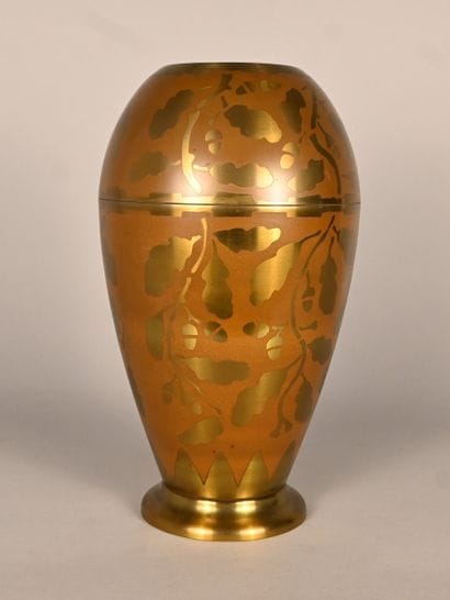 Large Art Nouveau engraved brass vase with...