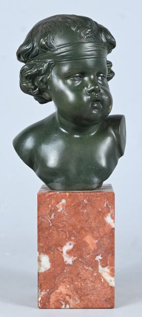 Bust of a child in green patinated bronze,...
