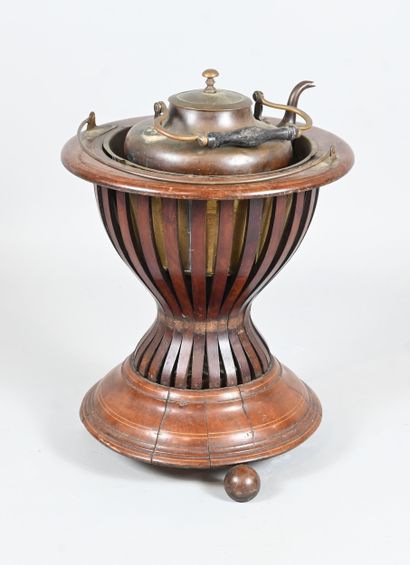 Wooden tea warmer or kettle stand with copper...