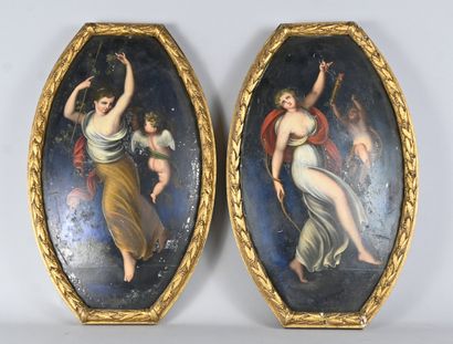 Pair of curved paintings on sheet metal with...