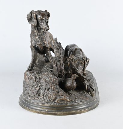 Bronze group of two pheasant hunting dogs,...