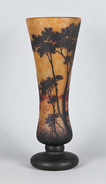 Daum Nancy vase with lake landscape and tree...