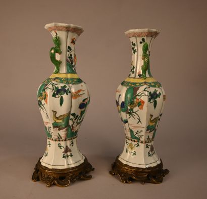 Pair of green family porcelain vases mounted...