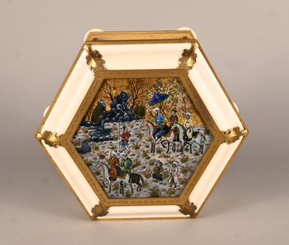 Hexagonal gilt bronze and ivory box with...