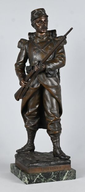 Qui vive! bronze statue of a soldier by A....