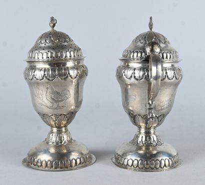 Pair of solid silver spice pourers, Liège,...