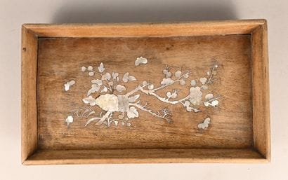Rectangular wooden tray inlaid with mother-of-pearl...