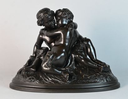 Group in patinated bronze of two embracing...
