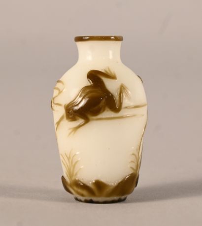 Peking glass snuff bottle with frog and vegetation...