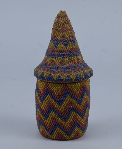 Tutsi covered basket in beaded raffia with...